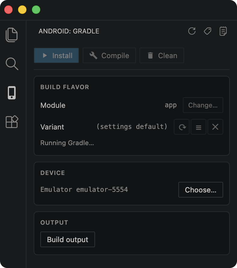 Side panel with Install, Compile, Clean, Sync Gradle, module, variant, device, cached APKs, and build output