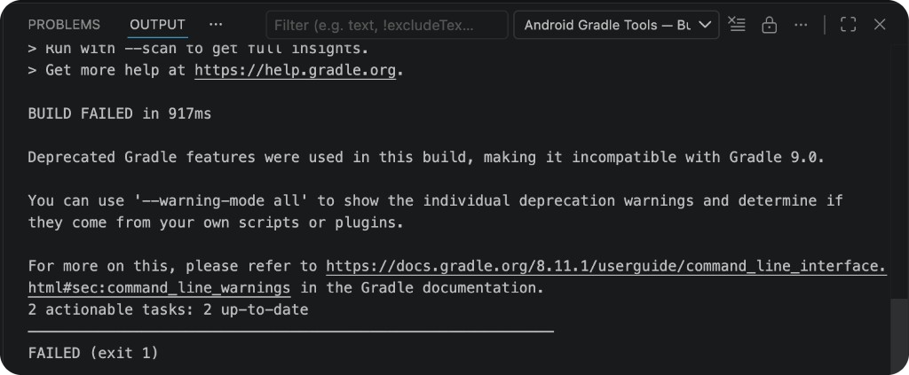 Gradle log in the Android Build output view
