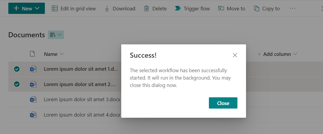 Invoke success dialog example