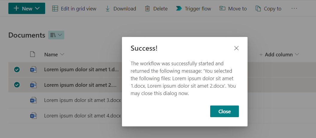 Success dialog with message example