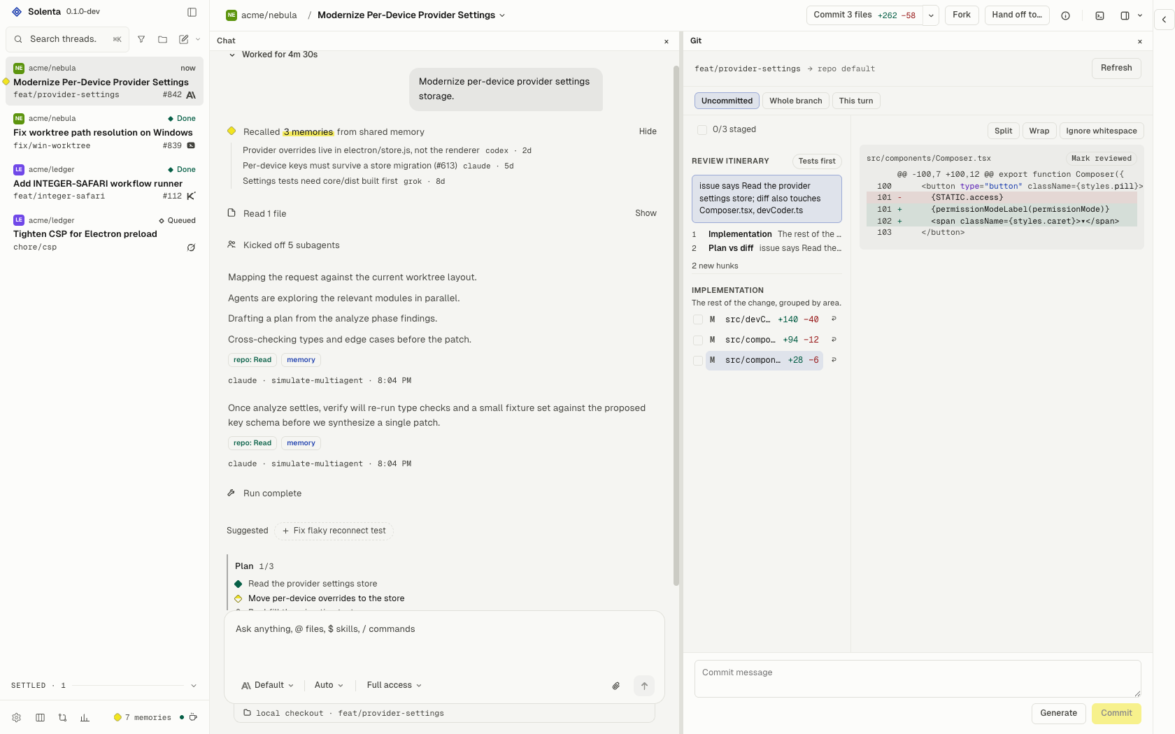 Git review open as a pane beside the thread: uncommitted, whole-branch, or this-turn scope, review itinerary, a syntax-coloured diff, and a commit box with Generate