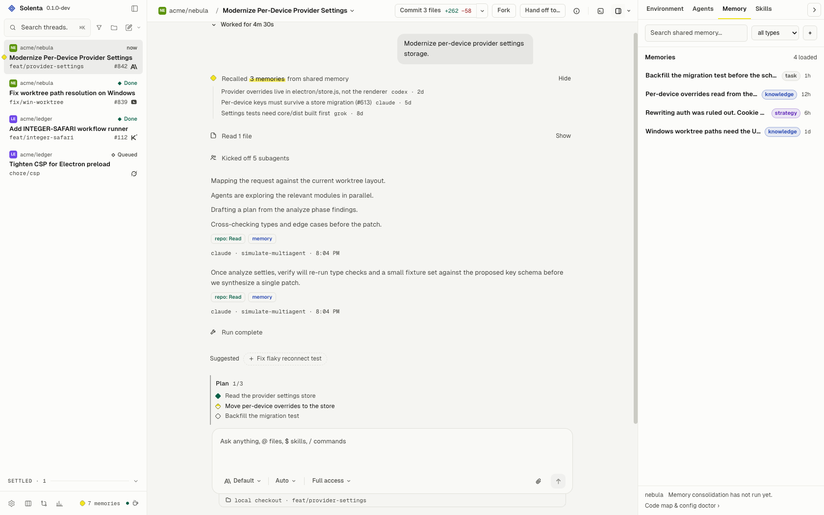 The Memory tab: shared entries scoped to the project, typed as strategy, knowledge, convention or task