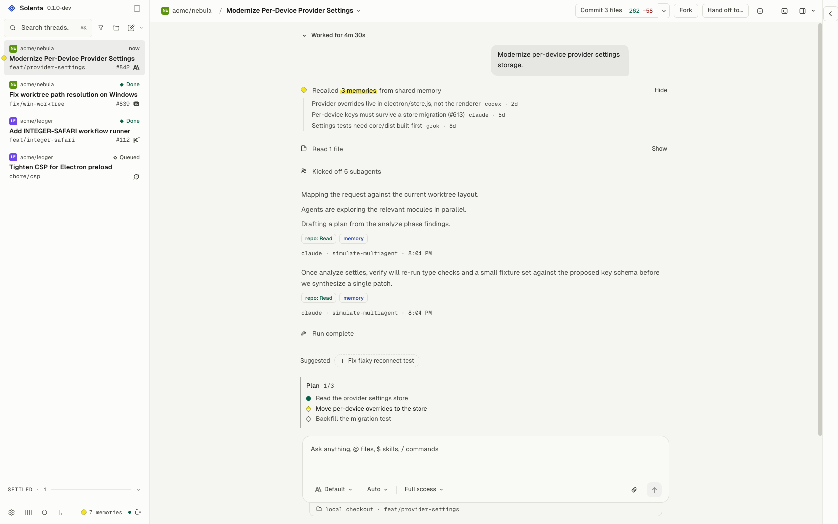 Solenta: threads sidebar and a thread with recalled memories, agent messages, the plan, and the composer in one reading column