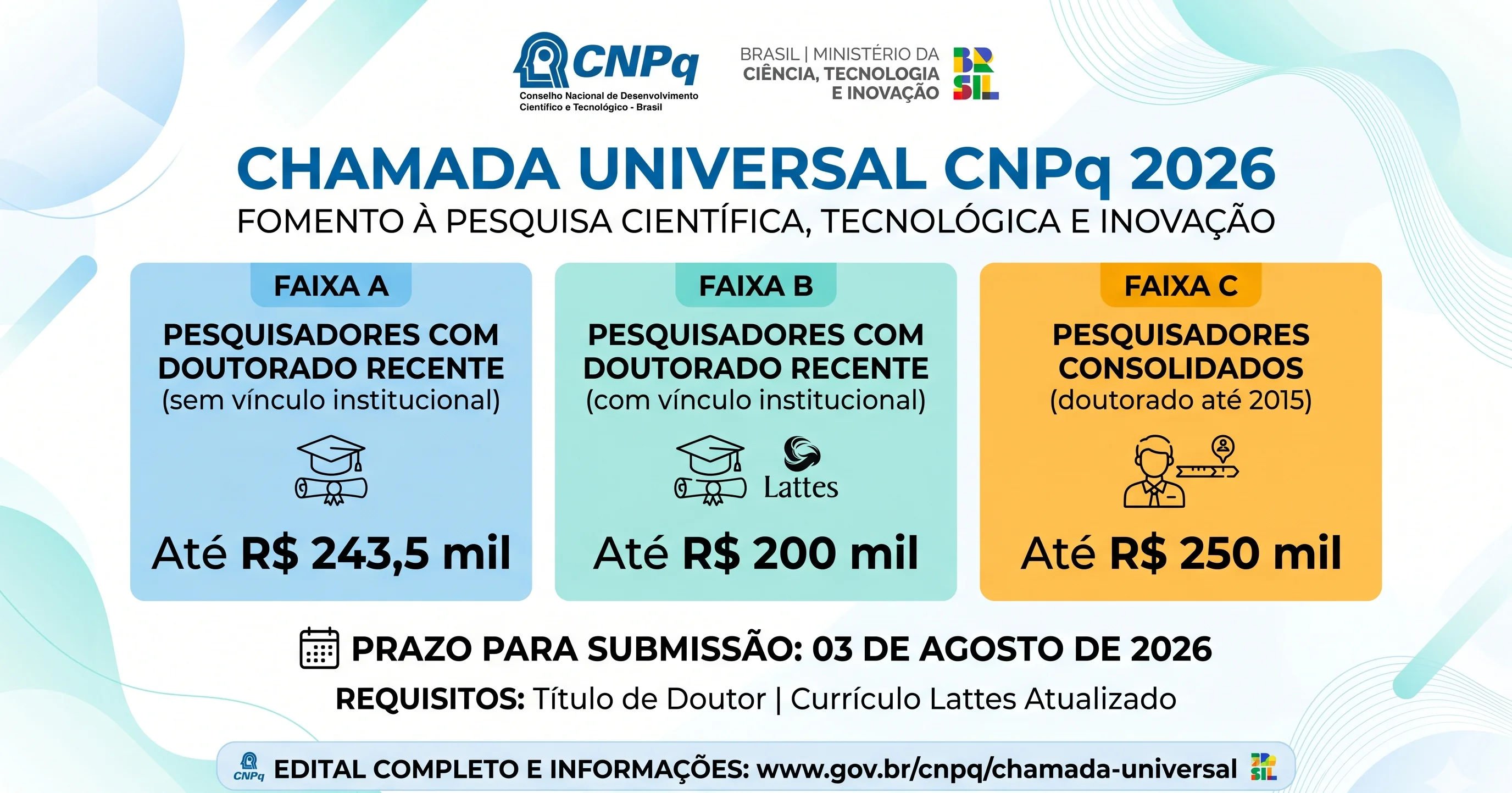 Chamada Universal 2026 Cnpq investirá R$ 300 milhões e será a terceira em quatro anos; inscrições até 03/08