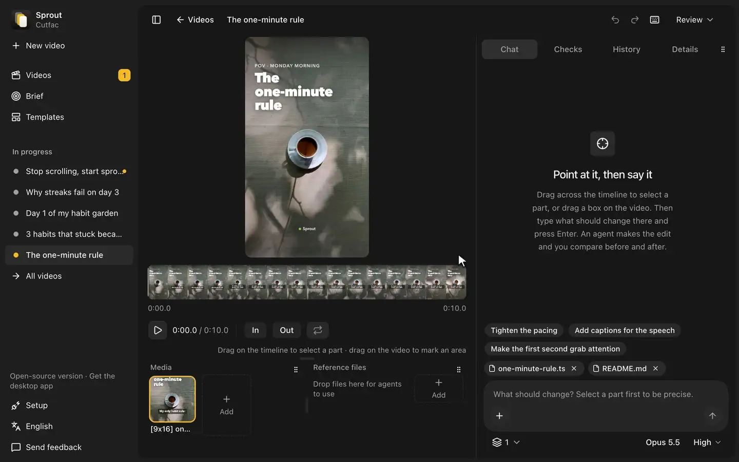 A part of a video and a box on its caption are selected and the request "Make this caption shorter" is sent; Claude edits the video while its steps stream into the chat, then before and after play side by side and the edit is kept