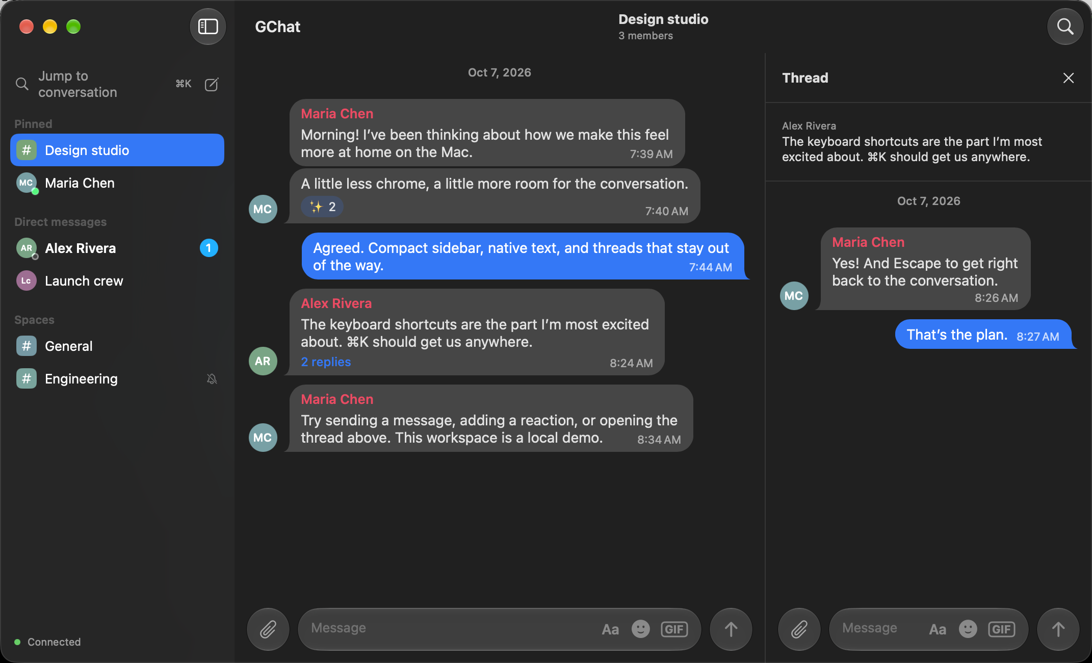 A thread open beside the conversation, in dark mode