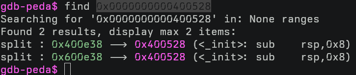 gdb-peda's search results: PEDA found two such pointers