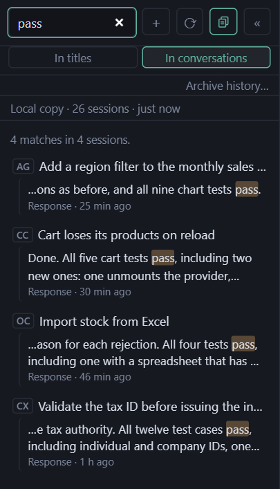 Search in conversations: a match in one session of each CLI, with its snippet