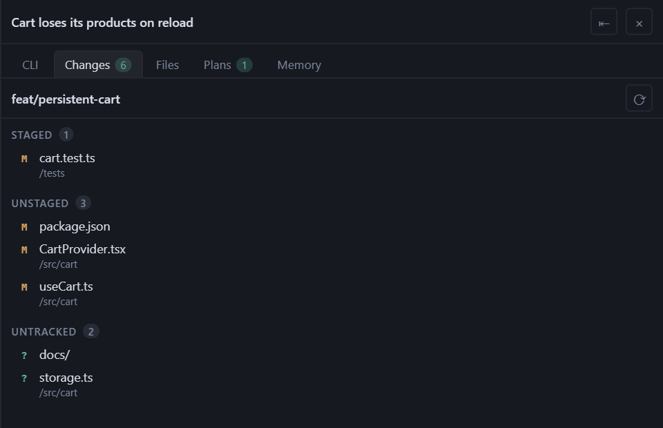 The Changes panel: branch and changed files, by group