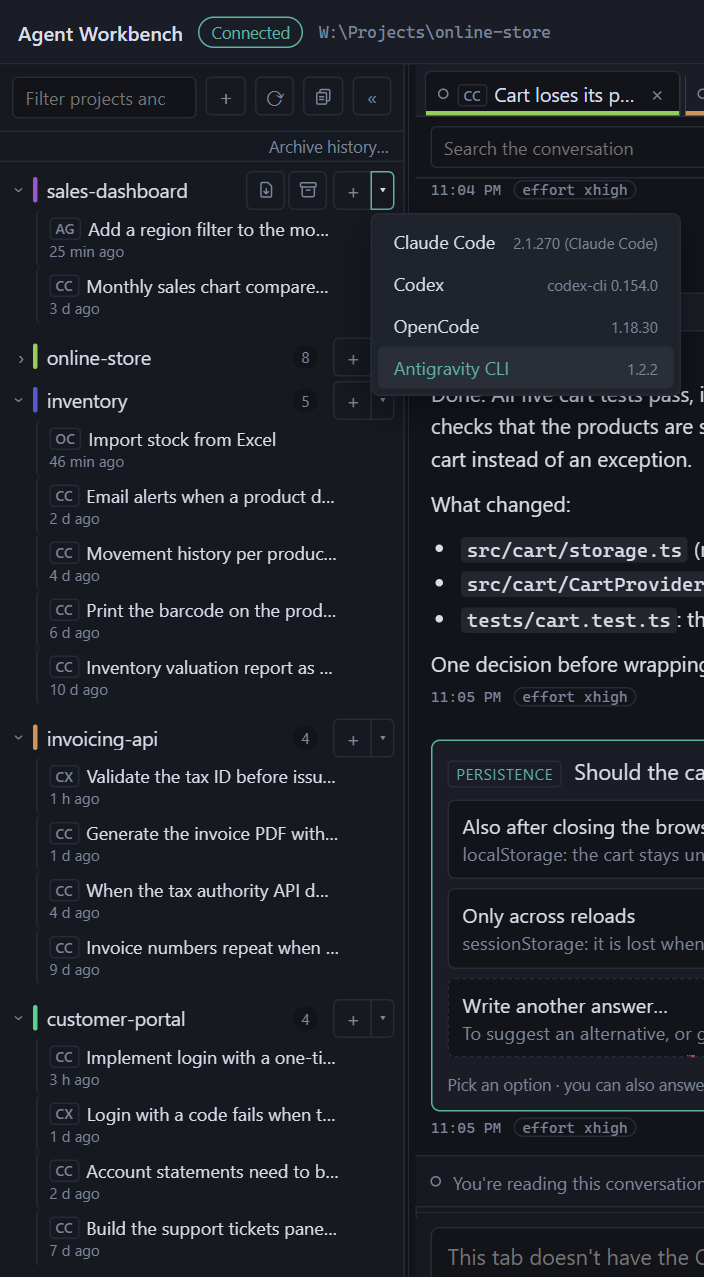 The projects sidebar with sessions from several CLIs, each with its badge, and the + menu with the four CLIs and their versions