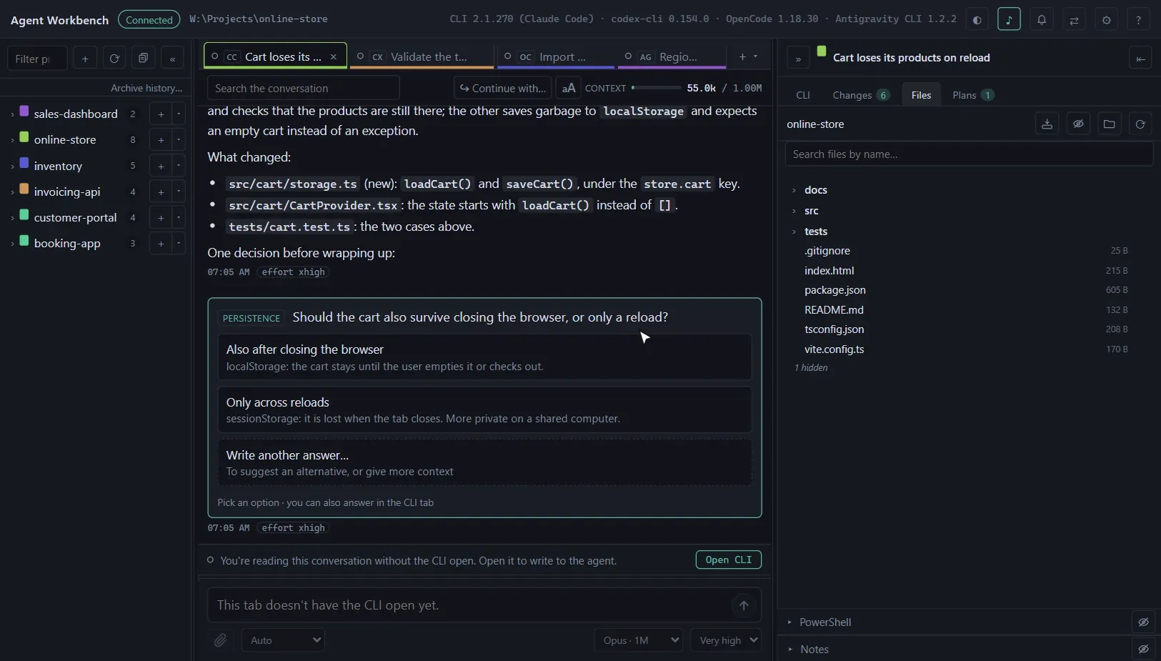 A tour: the conversation as cards, the changed files and a diff, one tab per CLI, and continuing a conversation with another CLI