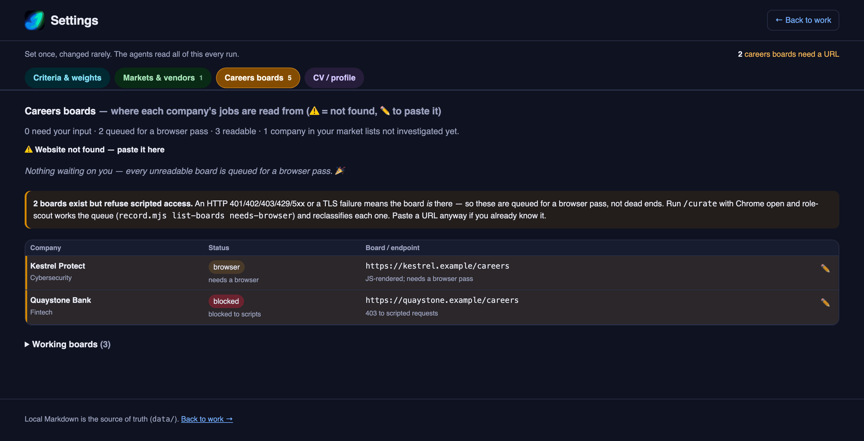 Settings — careers boards