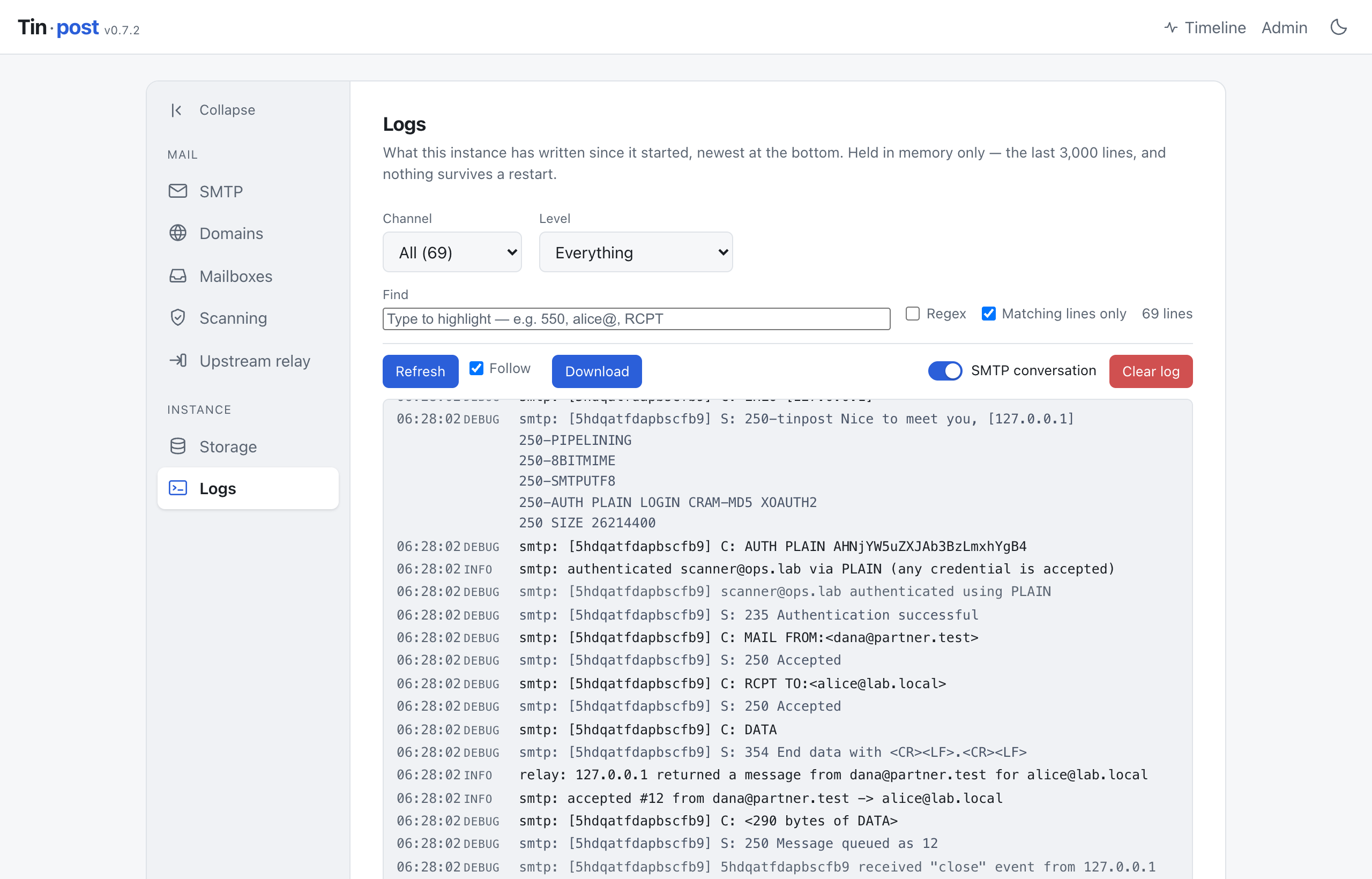 The Tinpost logs page showing an SMTP conversation with client and server lines in different tones