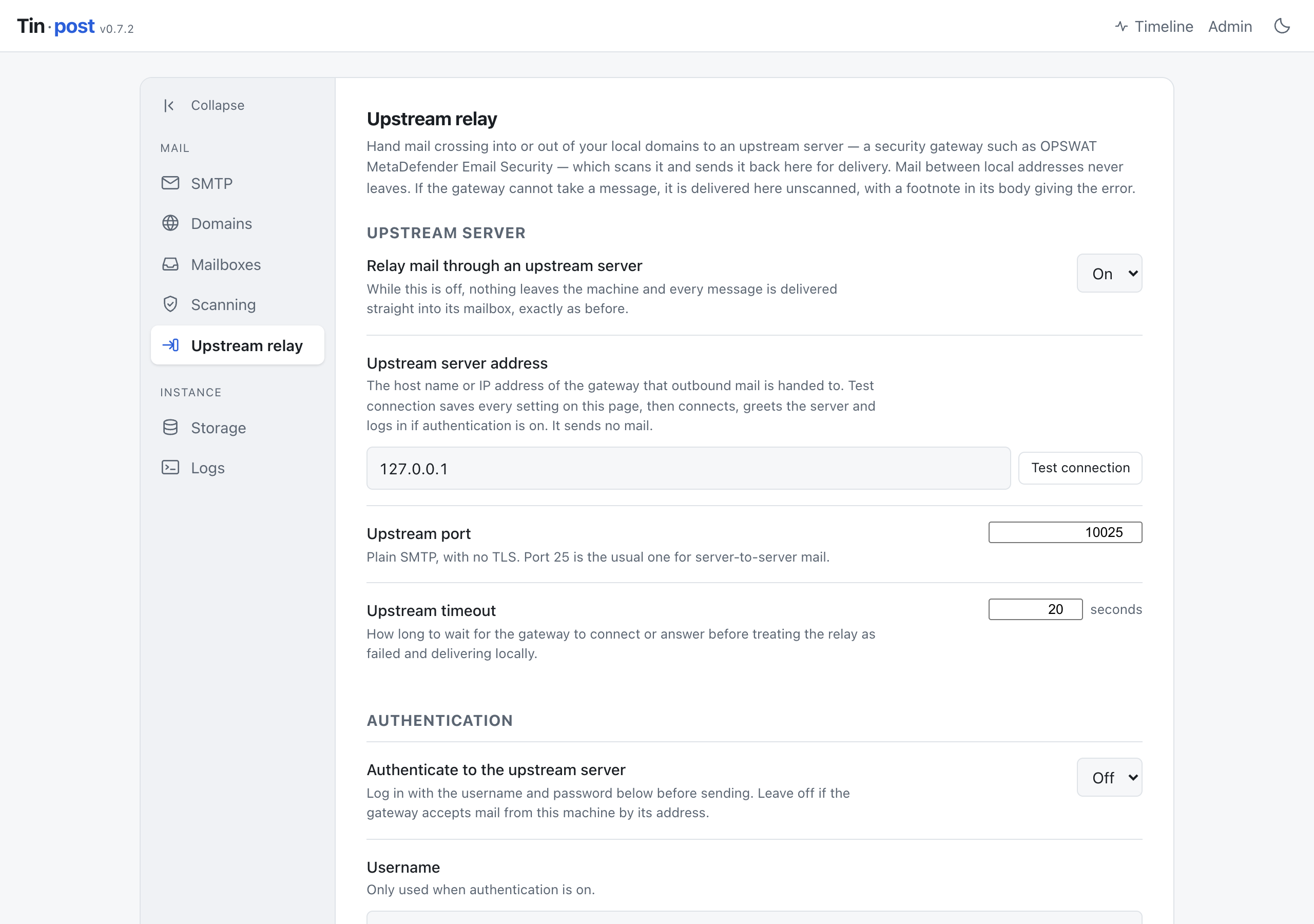 The upstream relay admin page, configured to relay through a gateway