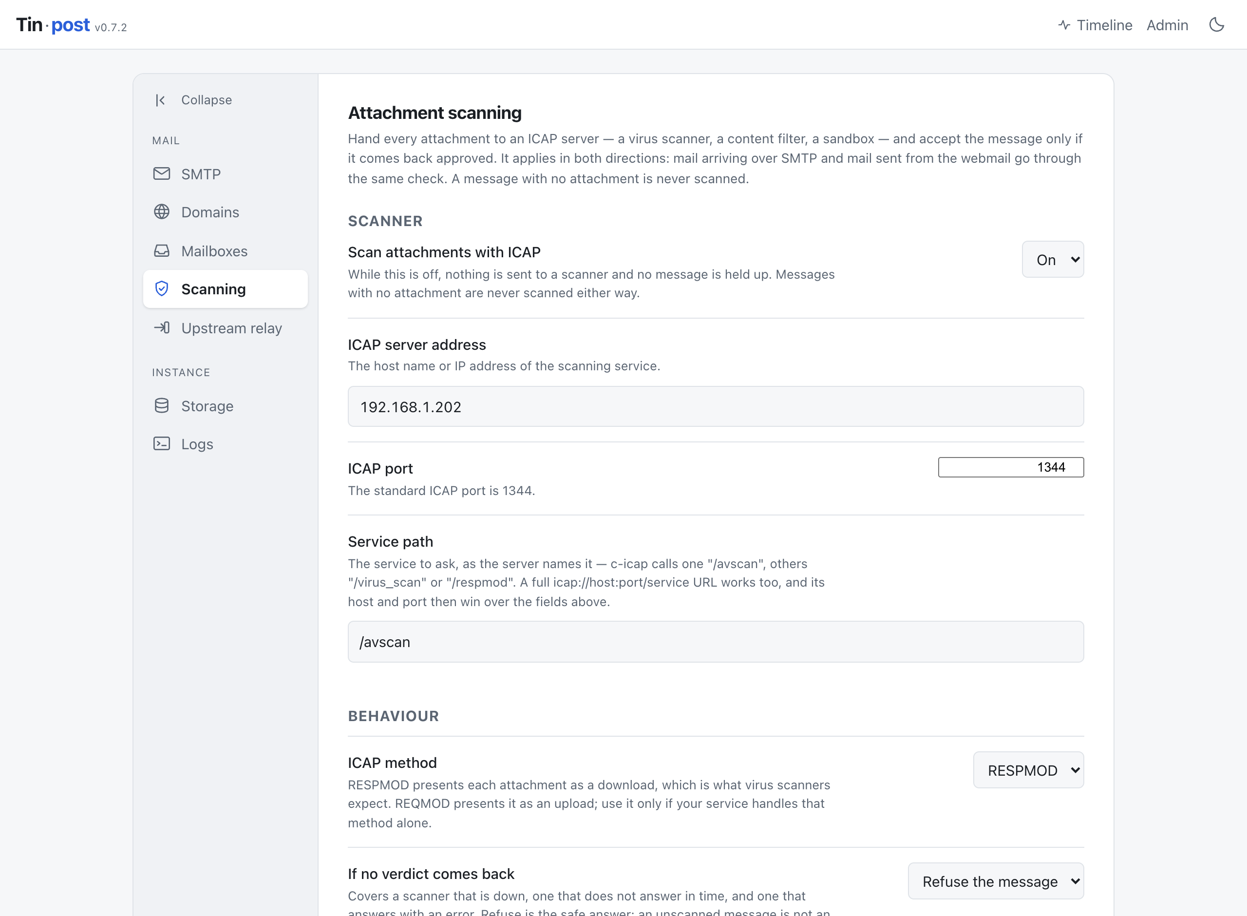 The attachment scanning admin page, configured to send attachments to an ICAP server for a verdict