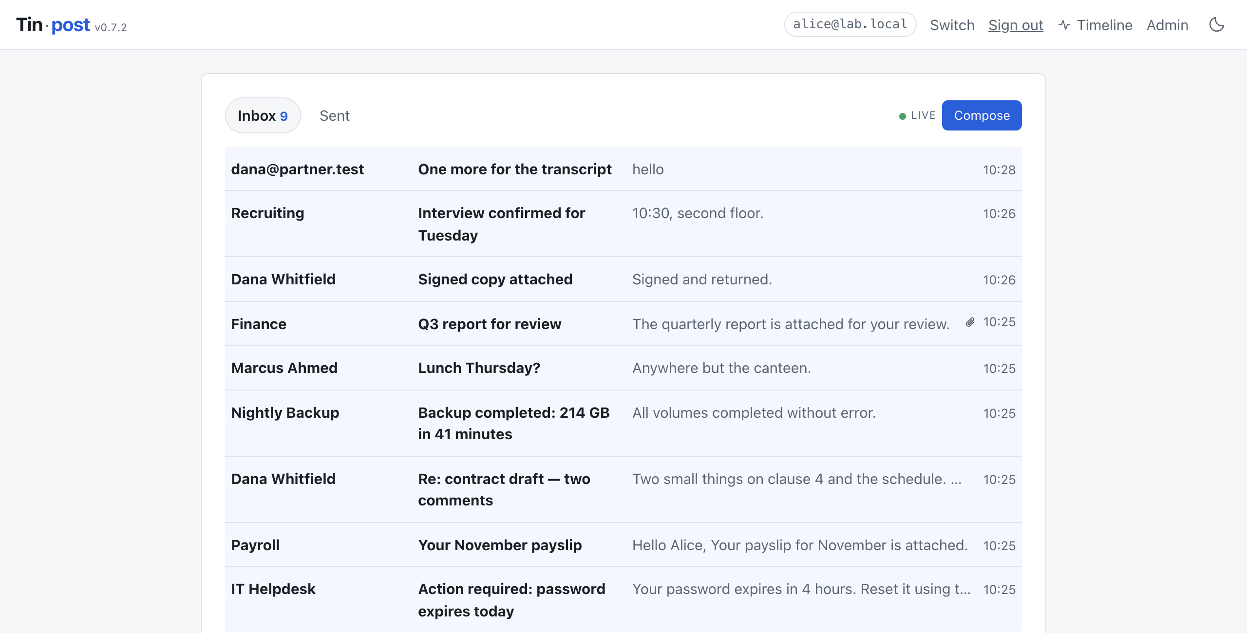 The Tinpost inbox, showing six messages in the mailbox alice@lab.local