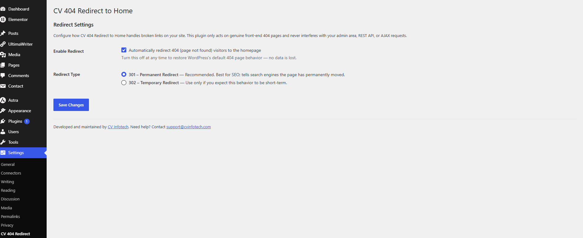 CV 404 Redirect to Home — Settings screen