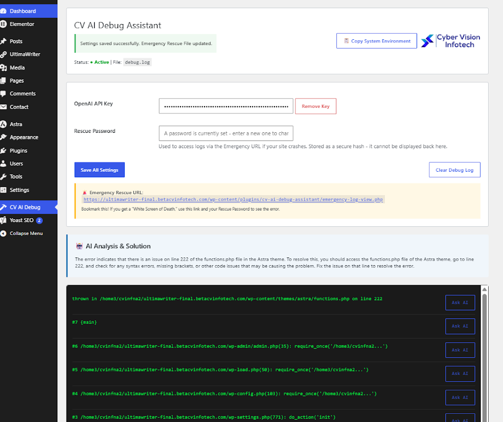 CV AI Debug Assistant dashboard