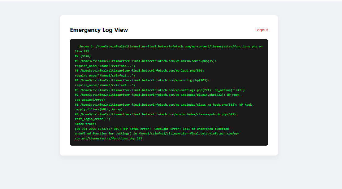 Emergency log view showing a fatal error stack trace