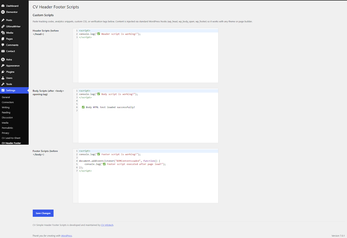 CV Simple Header Footer Scripts settings screen under Settings > CV Header Footer, showing the Header, Body, and Footer code fields