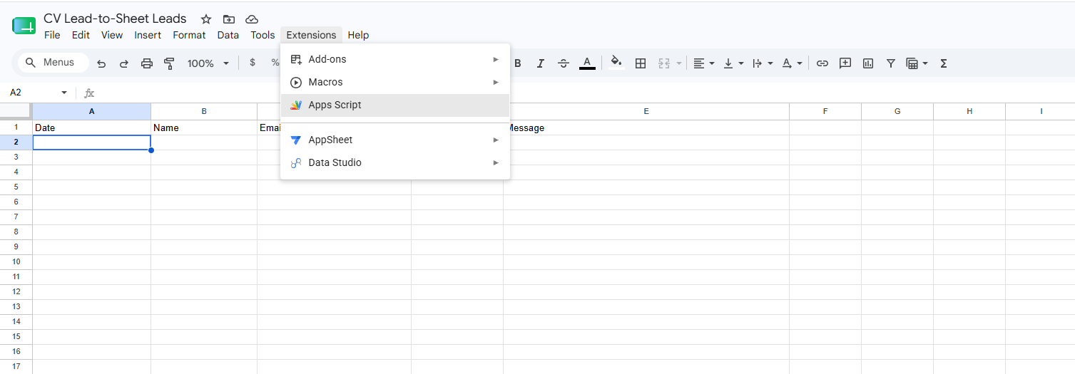 Apps Script editor with the generated code pasted in