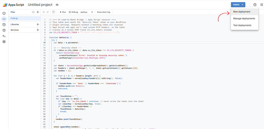 Deploy menu in the Apps Script editor