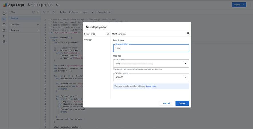 Deploying the Apps Script as a web app