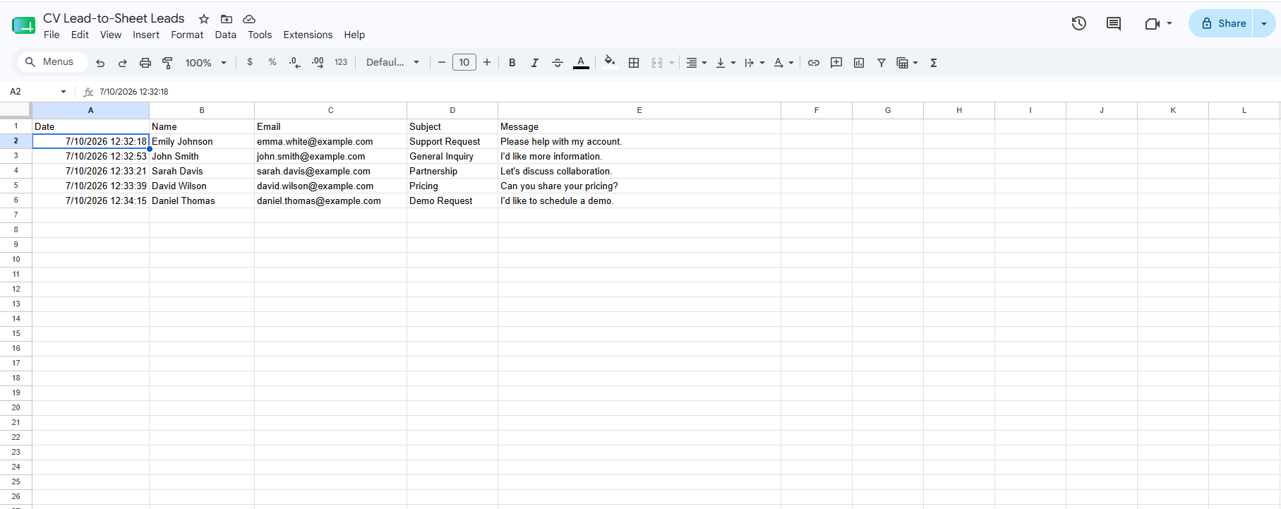 Google Sheet populated with leads