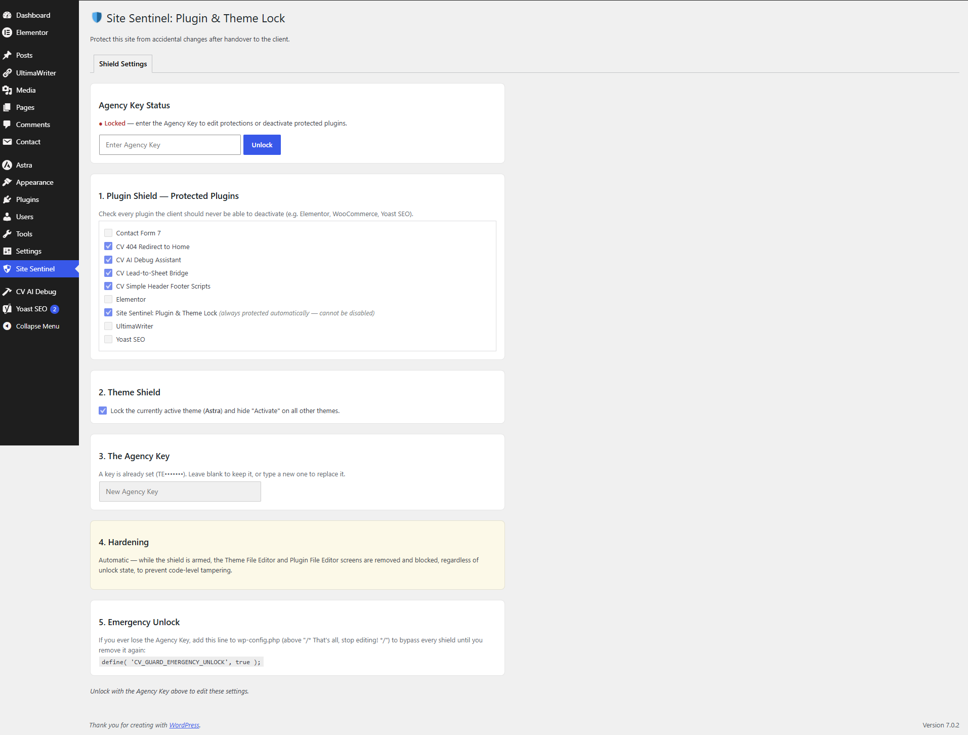 Site Sentinel settings screen