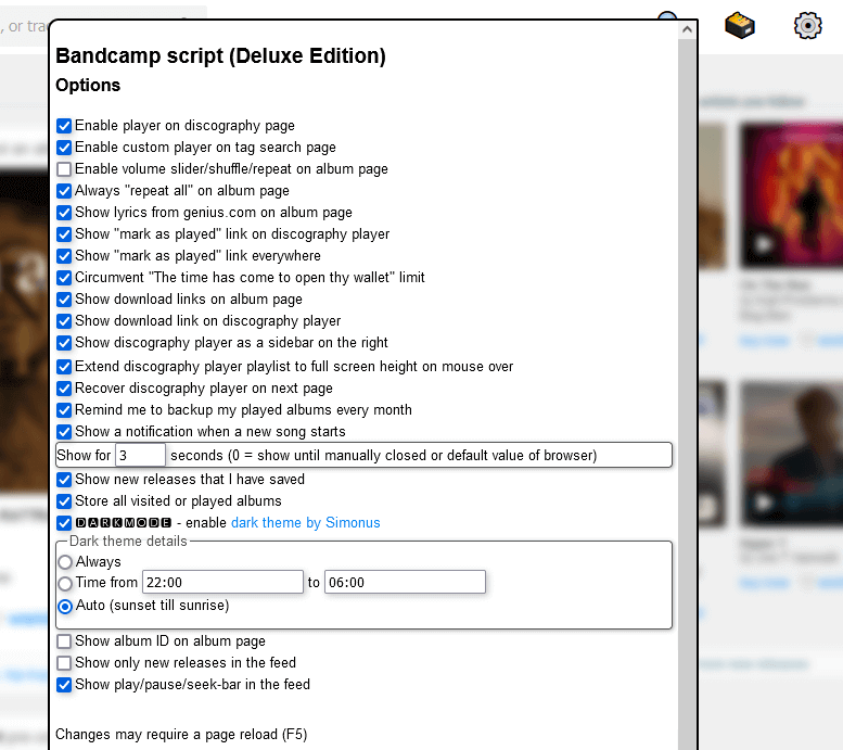 Screenshot of script options