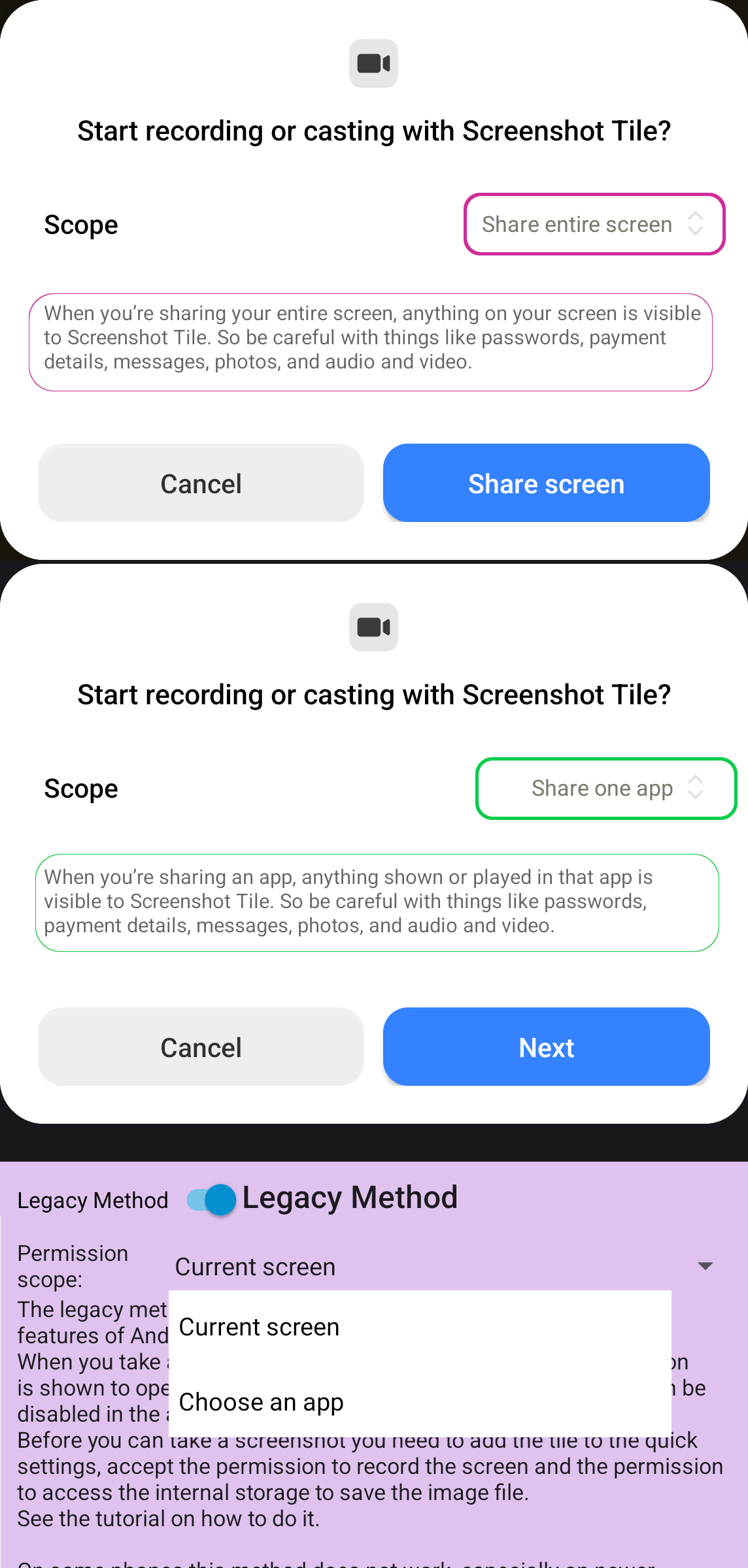 Scope of screen recording permission