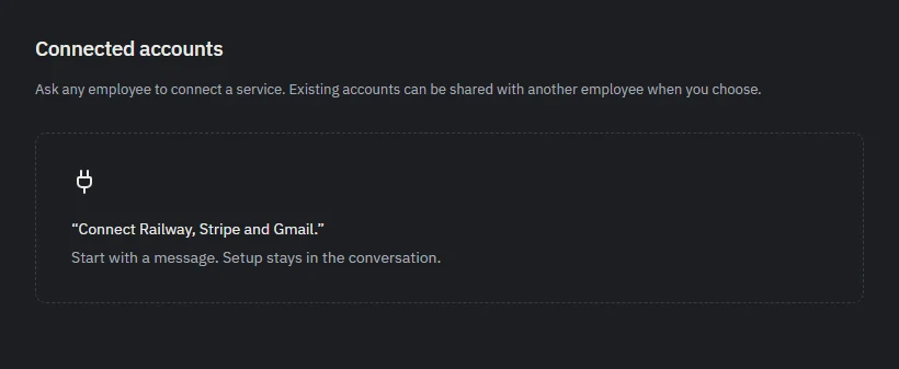 Actual Abralo Connected accounts screen, inviting you to request Railway, Stripe or Gmail setup