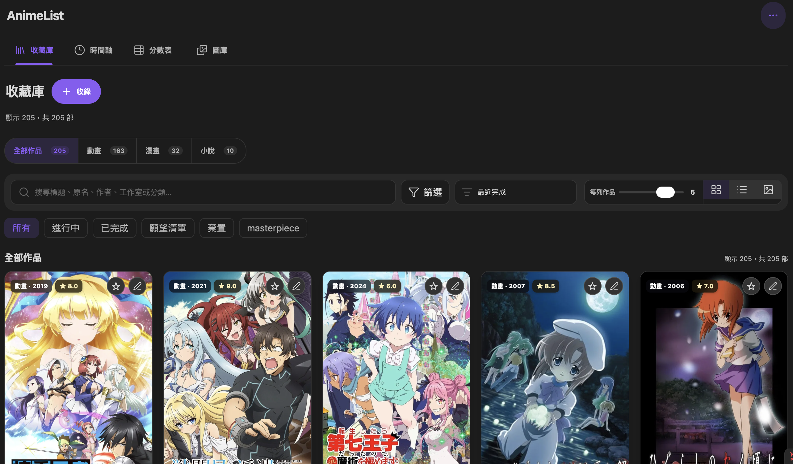 AnimeList library in card view