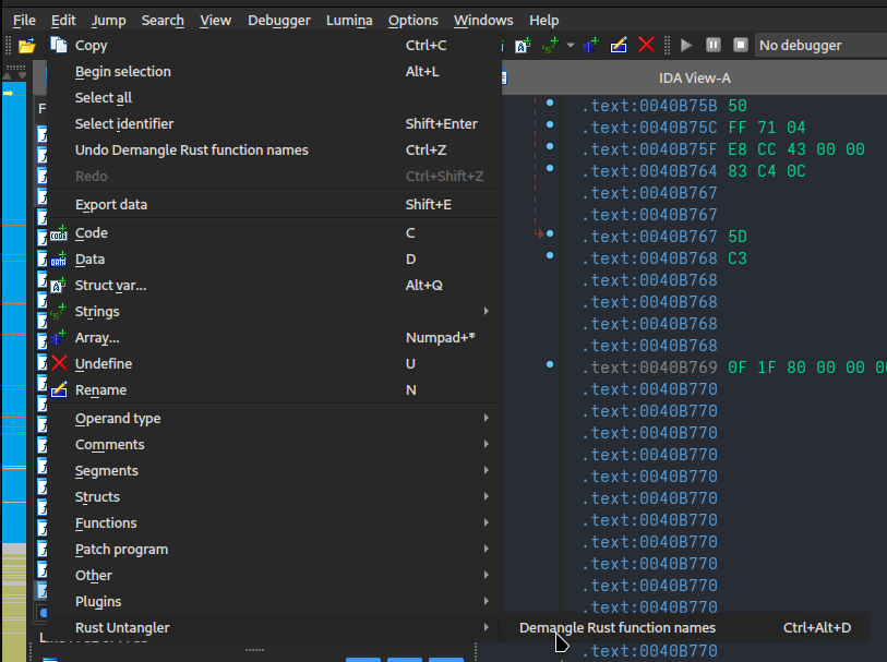 Screenshot of the Edit > Rust Untangler > Demangle Rust function names entry in the IDA menu