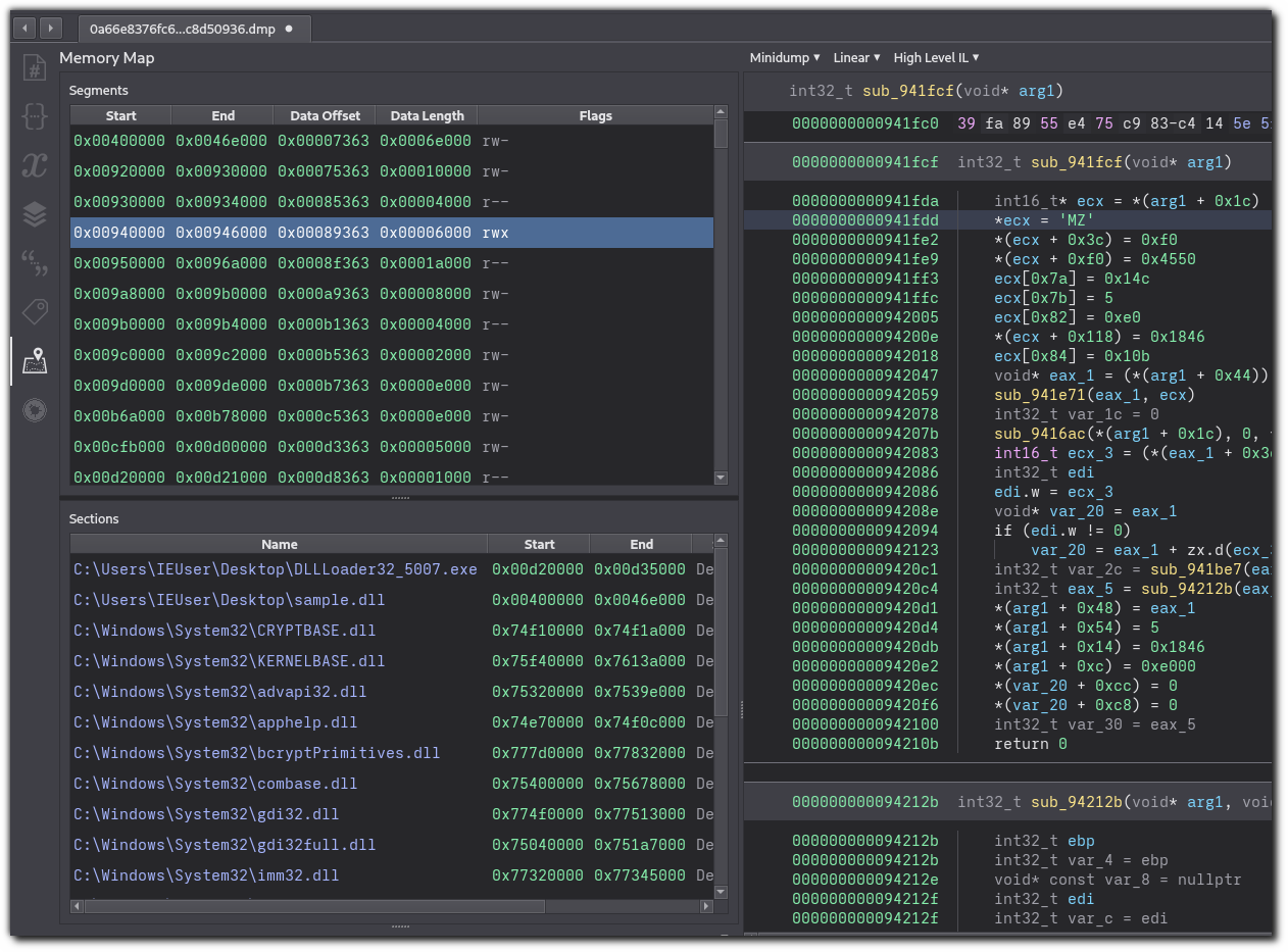 Screenshot of Binary Ninja using the "Minidump" Binary View, with a minidump loaded and the virtual addresses of the memory segments of the minidump showing in the Memory Map window