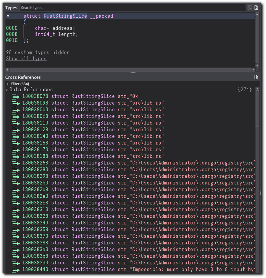 The Binary Ninja Types and Cross References window, showing references to the RustStringSlice type, which has fields char* address and int64_t length. Cross references include variables with names like "str_"src\lib.rs"", "str_"C:\Users\Administrator.cargo\registry"", and "str_"Impossible: must only have 0 to 8 input bytes in last chunk, with no invalid lengths"