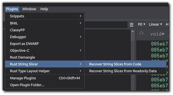 A screenshot of two entries in the Binary Ninja menu, both under Plugins > Rust String Slicer: Recover String Slices from Readonly Data, and Recover String Slices from Code