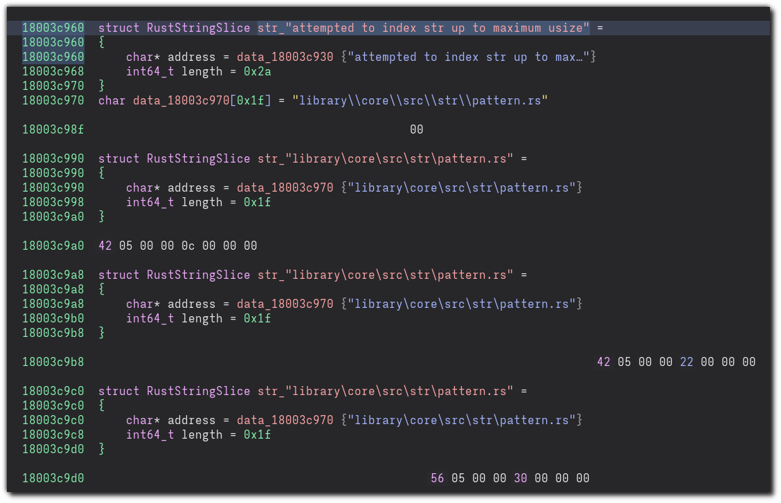 A screenshot of Binary Ninja with several structs of type "RustStringSlice" defined, each of which contains the address and length of a string.