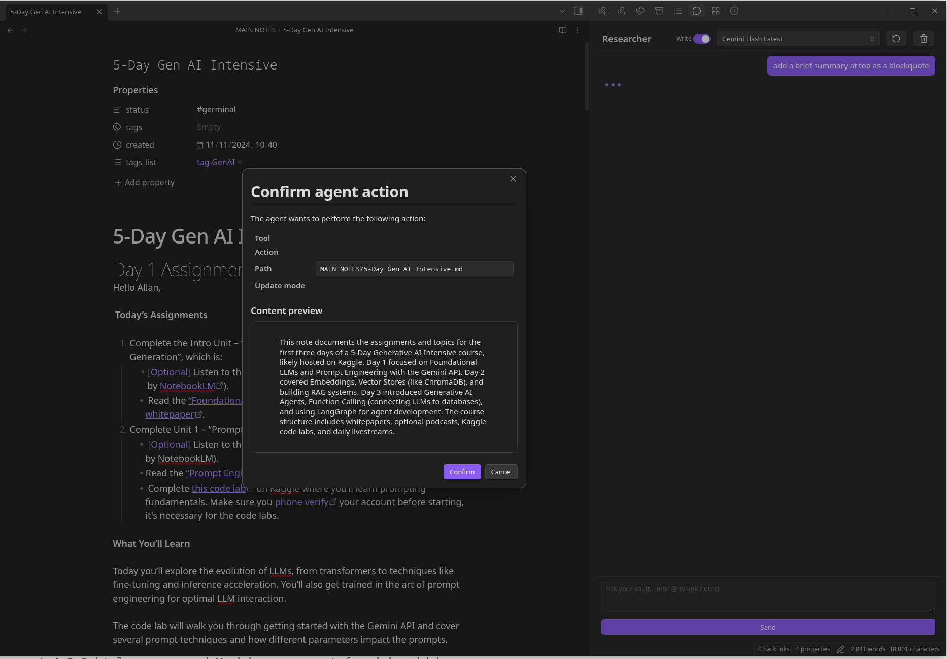 The Researcher agent drafting an update to a note, with the "Confirm agent action" review that appears before any change is applied