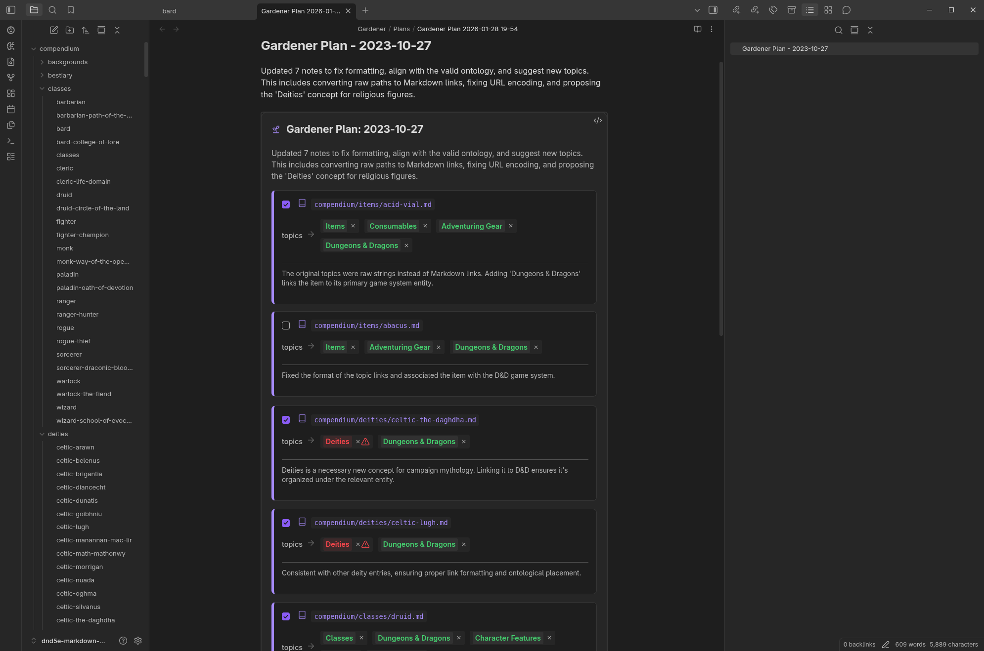 The Gardener agent planning a vault reorganization