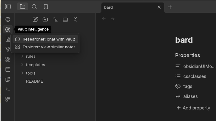 The Obsidian Sidebar highlighting the Vault Intelligence brain circuit icon