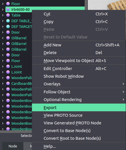 Export URDF menu