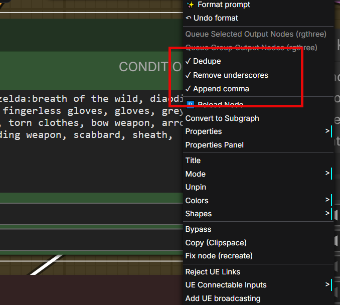 Right-click context menu with Dedupe / Remove underscores / Append comma toggles