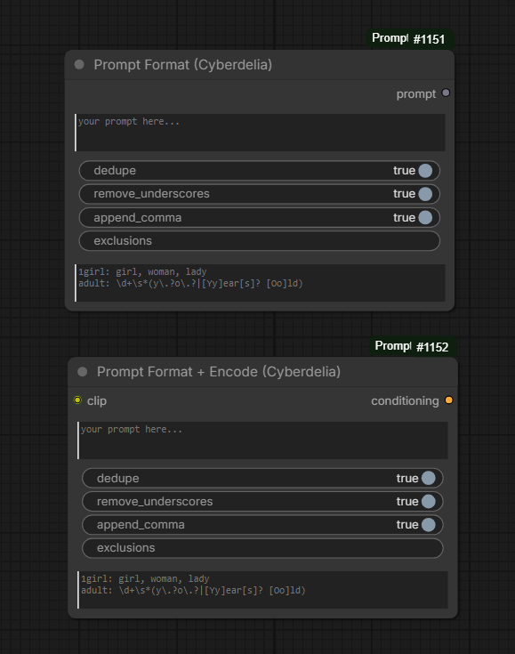 The two Cyberdelia nodes: Prompt Format and Prompt Format + Encode