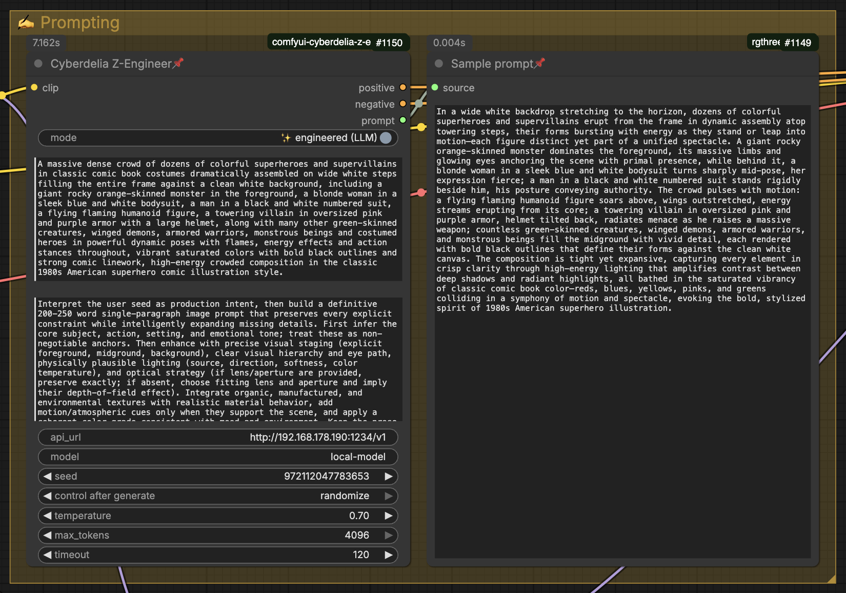 Cyberdelia Z-Engineer node in ComfyUI: raw concept input on the left, engineered 200-250 word image prompt output on the right