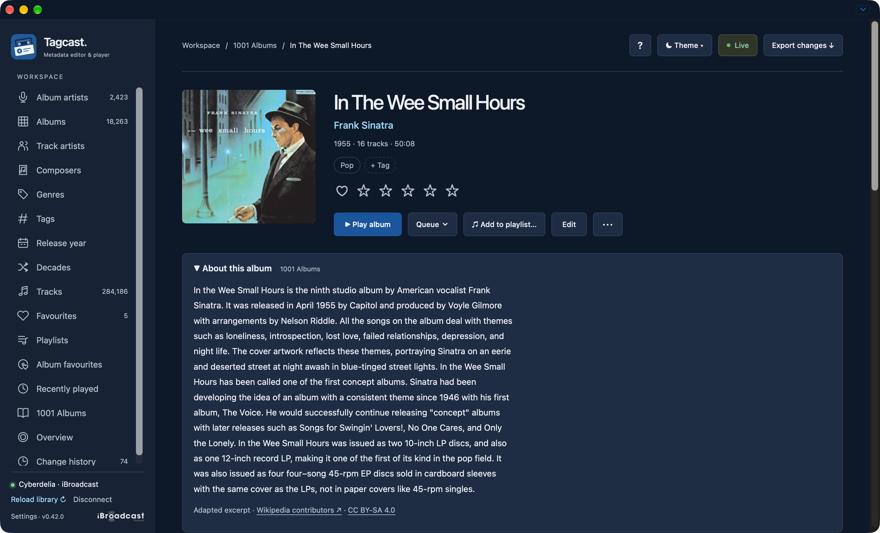 In The Wee Small Hours by Frank Sinatra with About this album expanded and the Wikipedia and CC BY-SA attribution visible