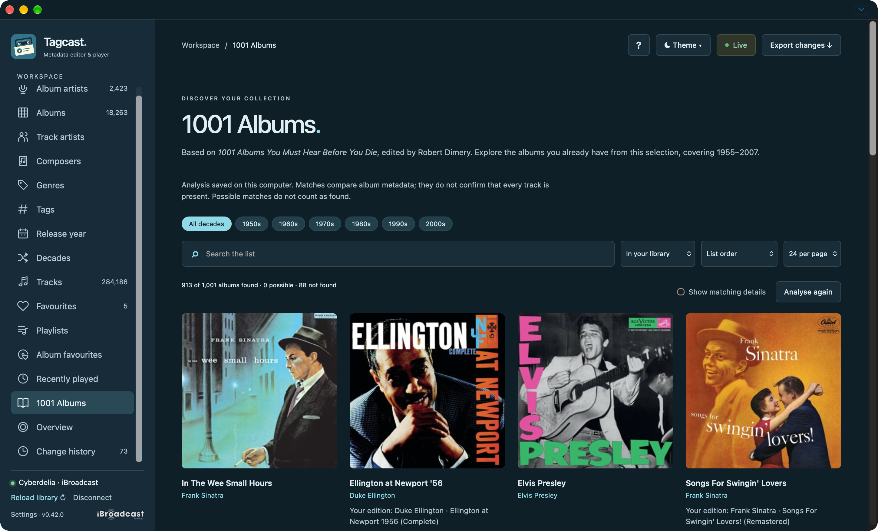 1001 Albums showing matched albums, decade buttons and matching filters