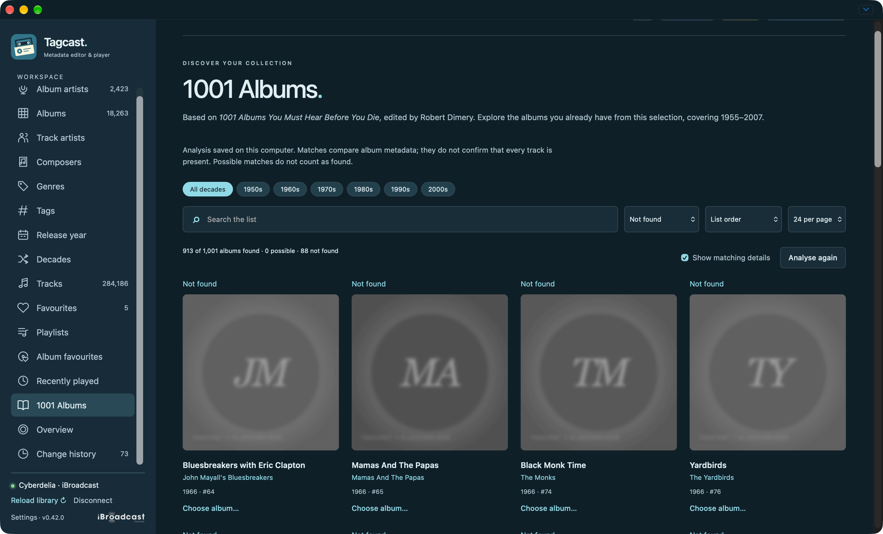 Missing reference albums shown with grey placeholder covers