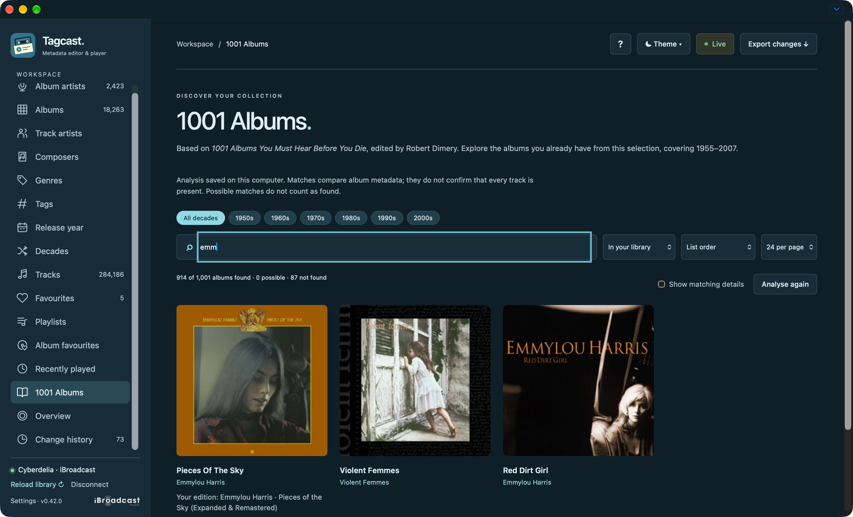 1001 Albums reference-list search showing Emmylou Harris and Violent Femmes results