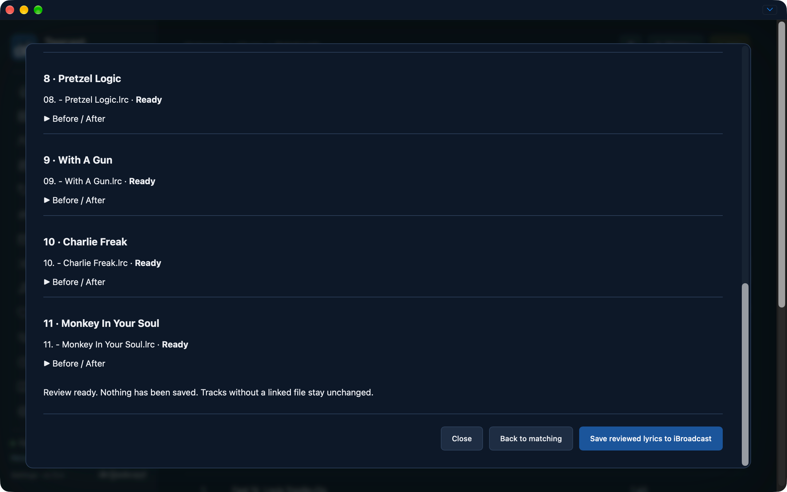Album lyrics import review with per-track Before / After disclosures and the Save reviewed lyrics to iBroadcast button